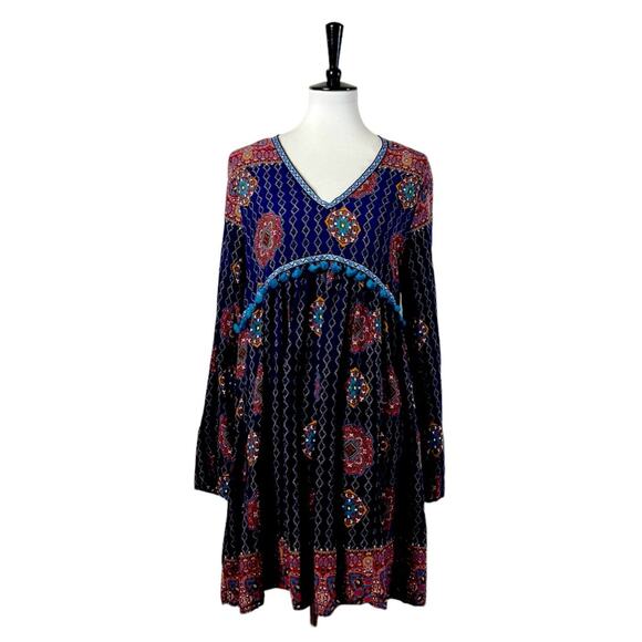 Artistic Works by Lu Boho Swing Dress V-neck Fringe Blue Multi Women’s Size XL - Picture 1 of 11